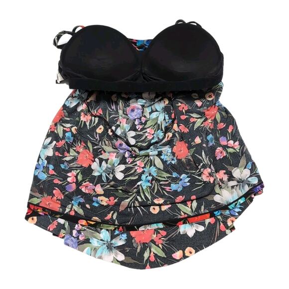 Aqua Green Tankini Top Womens Plus Size 22W Black Floral Triple Tiered Ruffles - Picture 6 of 12